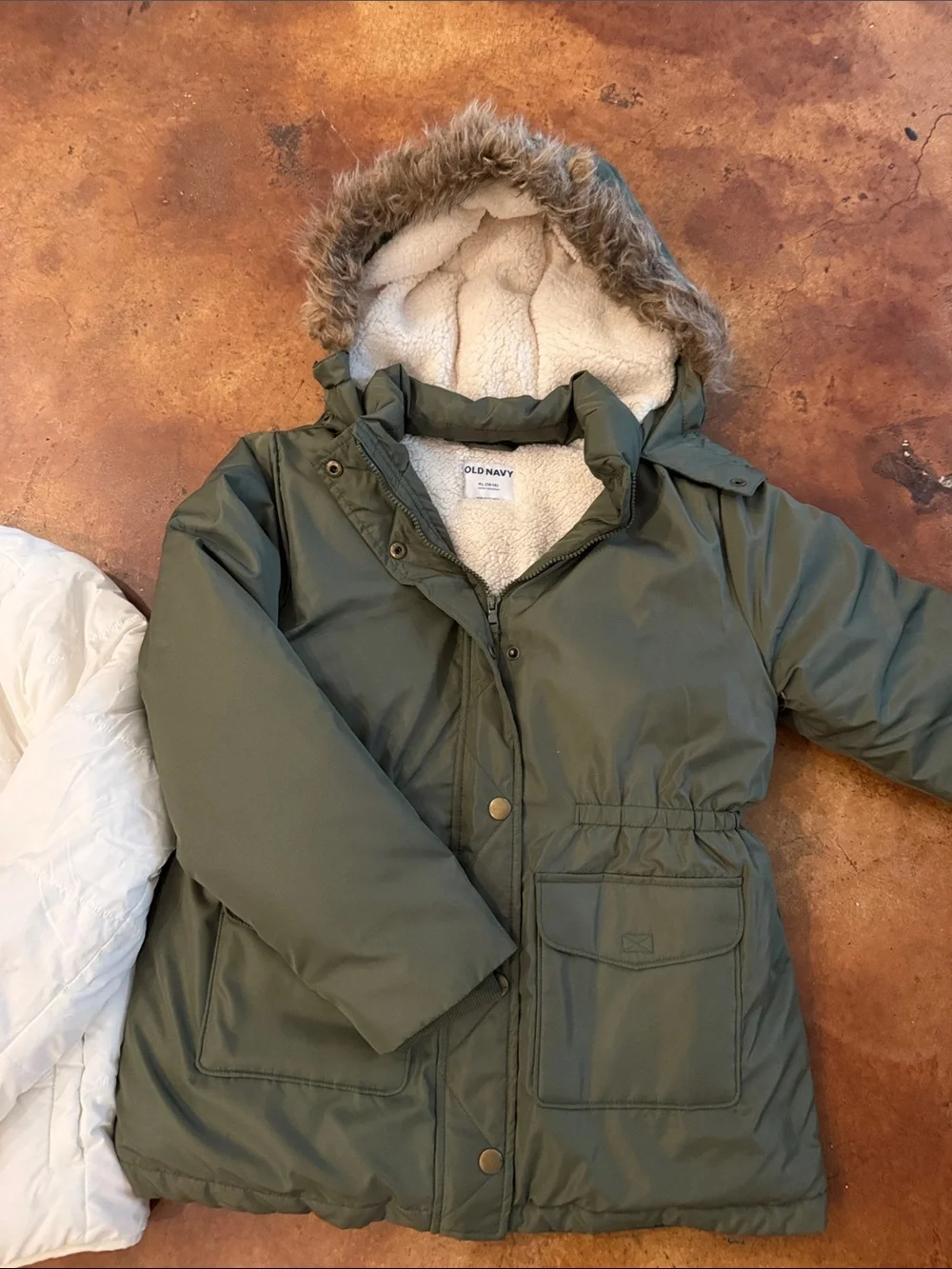 Kids Hooded Winter Parka Coat - Olive Green and cream puffer